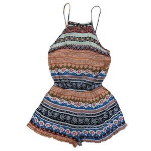 American Eagle Boho Paisley Patterned Romper Open Back Cinched Waist Sz XS